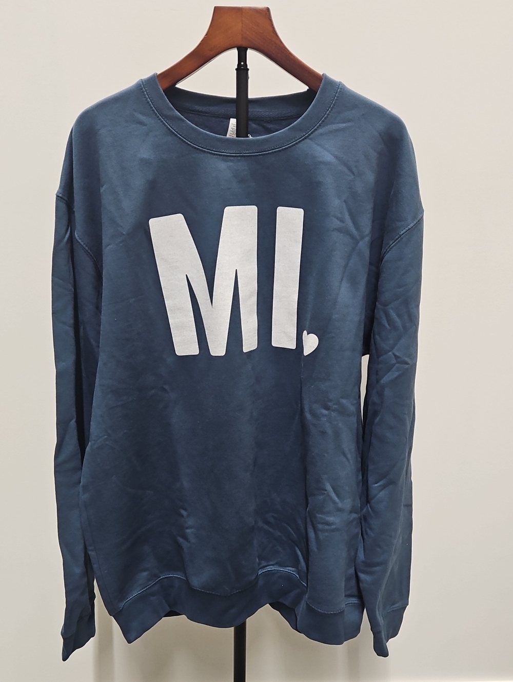 Women's Slate Blue Graphic Michigan Initials Crewneck Sweatshirt with White 'MI'